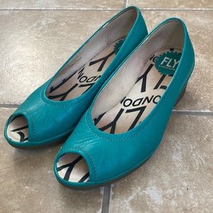 Fly London peep toe wedges in teal